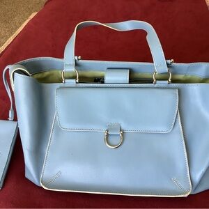 Franklin Covey Sky Blue Leather Tote with Front Flap